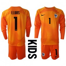 Frankrike Hugo Lloris #1 Målvakt Hemmaställ Barn VM 2022 Långa ärmar (+ Korta byxor)